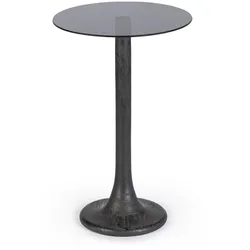 Beistelltisch Aberdeen aus Mangoholz, rundes Design, Schwarz mit rauchfarbener Glasplatte