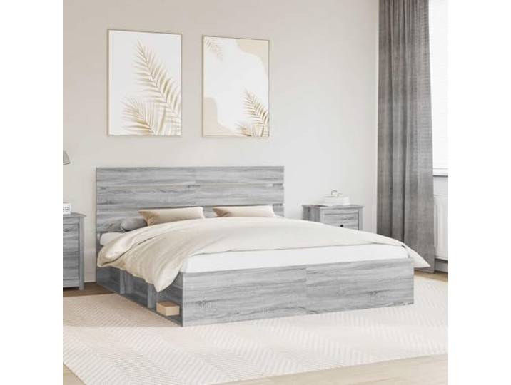 RJPLMFV Bettgestell, Sonoma-Grau, 200 x 200 cm Kopfteil aus massivem Kiefernholz, Holzkonstruktion, feste Lattenstruktur, minimalistischer Stil