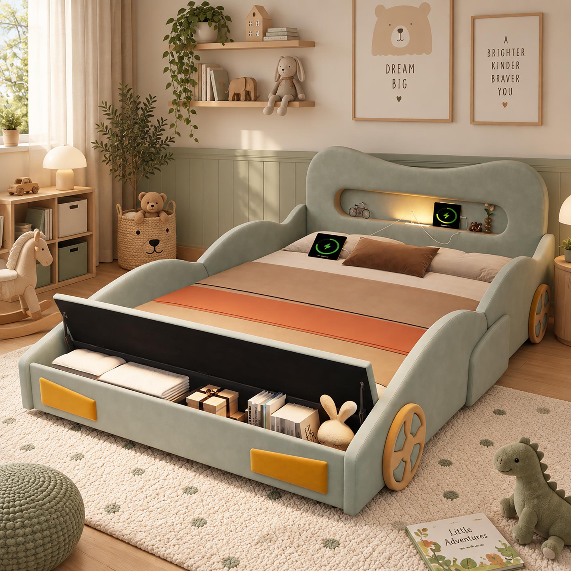 okwish Kinderbett 140×200 mit Matratze,Leselicht und Ladeanschluss am Kopfteil,Polsterbett mit Bettkasten am Fußende,Einzelbett Grün