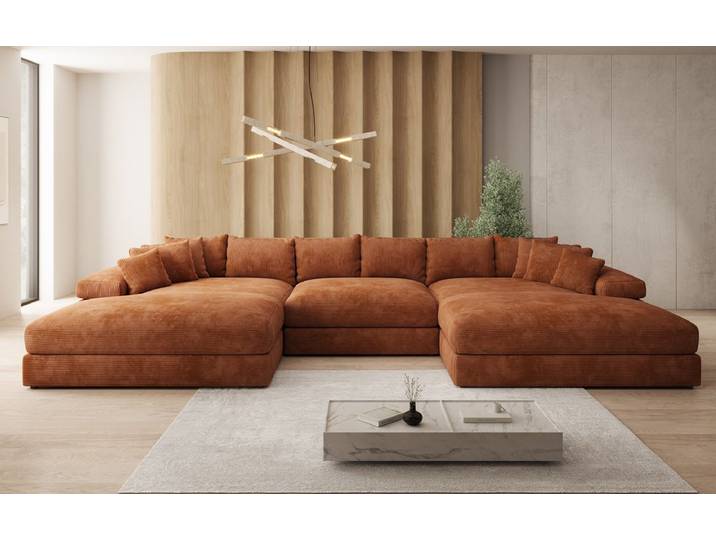 Designer Sofa Bernardo U mit breiter Ottomane in Cord - Orange - Cord - Luxusbetten24