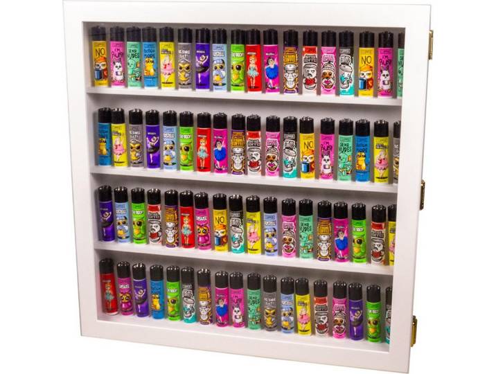 meytrade Vitrine Sammlervitrine für 72 Clipper Feuerzeuge in Holz weiß oder schwarz 42x42cm Vitrine für Clipper Feuerzeuge