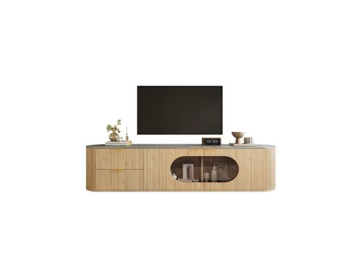 Meuble TV avec portes à rayures verticales 3D vitrine ovale en verre gris.