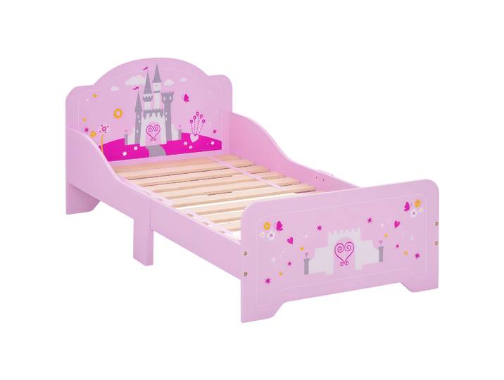 HOMCOM Lit Enfant 140 x 70 cm - lit d'enfant Design Princesse Motif château - sommier à Lattes Inclus - MDF Contre-plaqué Rose
