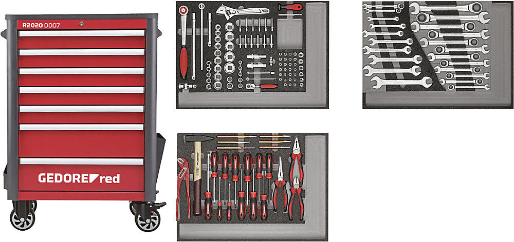 Werkstattwagen WINGMAN inkl. 129 Werkzeugen, 7 Schubladen, 129-teiliges Werkzeugsortiment, HxBxT 1034 x 724 x 470 mm GEDORE