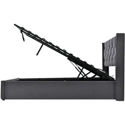 OKWISH Hydraulisches Doppelbett 140×200 mit Lattenrost und großem Stauraum, gepolsterter Kopfteil für hohen Komfort, stabile Konstruktion, Baumwolle, Grau
