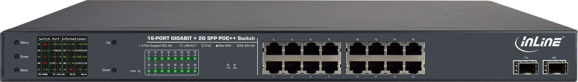 InLine PoE++ Gigabit Netzwerk Switch 16 Port, 1Gb/s, 2xSFP,19"1HE(inkl. Winkel), Gigabit Ethernet (10/100/1000), Power over Ethernet (PoE), Rack-Einbau, 1U