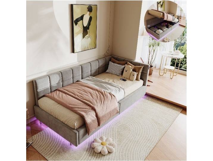 Lit coffre 90 x 200 cm RAVAS Rangement hydraulique lit simple avec éclairage LED et port USB canapé-lit gris velours