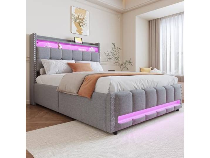 Ball & Cast Polsterbett (140x200cm) mit USB-Steckdose und Lichtleiste, Hydraulische Lagerfunktion + Weicher Kantenschutz, Einfach & Zeitsparend Montierbar, Hellgrau