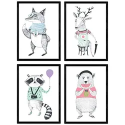 POSTER Set mit 4 Moderne skandinavische Tiere A4 Rahmenlos