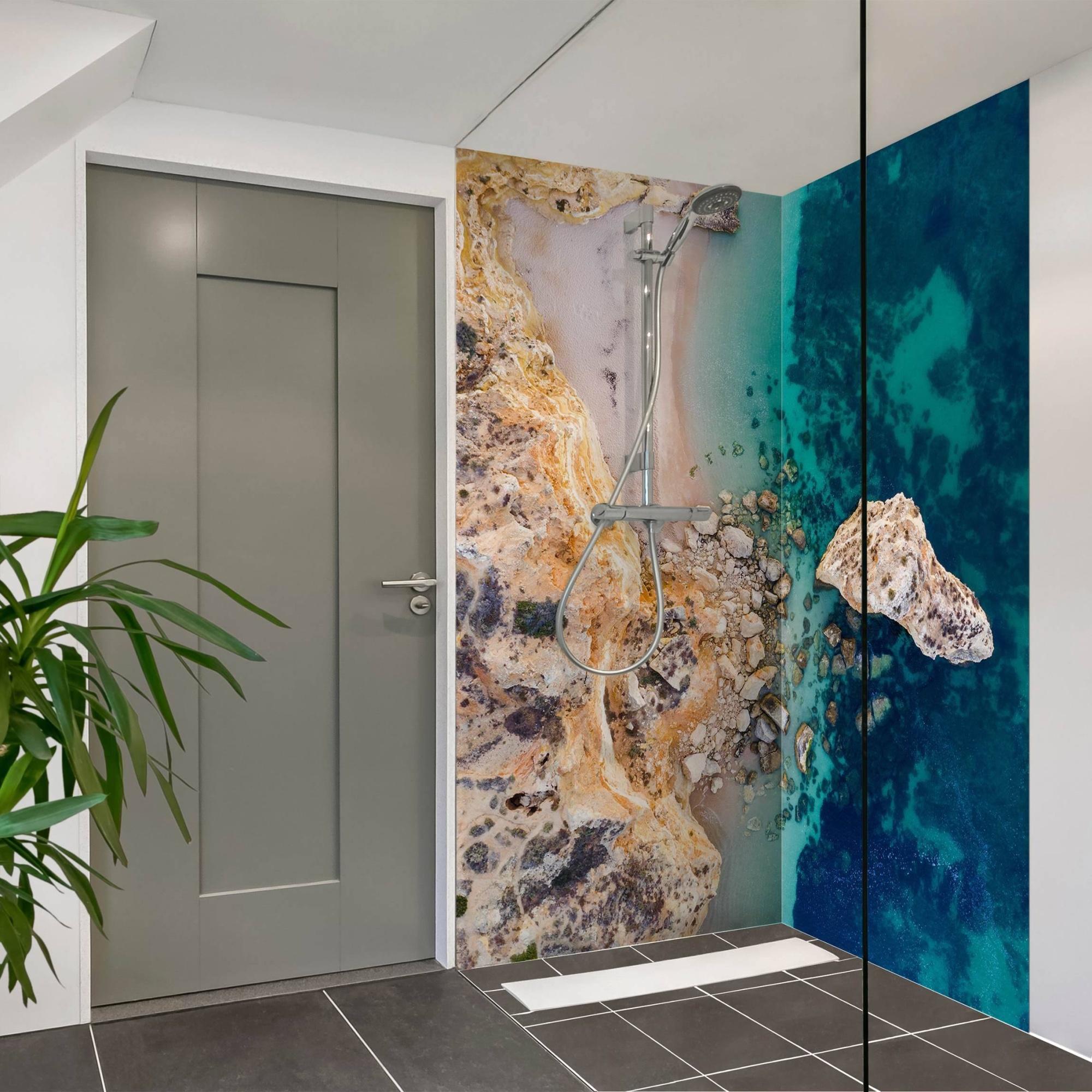 Duschrückwand Strand selbstklebend - 0.61 mm Wandpaneel wasserfest Design türkis Maritim Badrückwand fugenlos Premium matt 100x190 cm