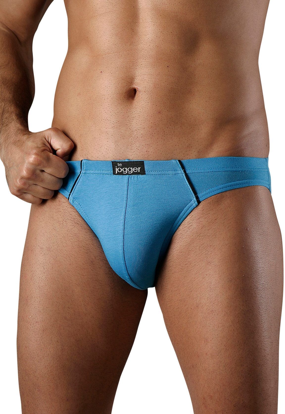 Slip LE JOGGER "Minislip", Herren, Gr. 3, 4 Stk., blau (türkis, grau, navy, royalblau), Jersey, Obermaterial: 95% Baumwolle, 5% Elasthan, unifarben mit Farbeinsatz, körpernah, Unterhosen Slip, knappe Form, schöne Farben mit kontrastfarbenen Pipings türkis