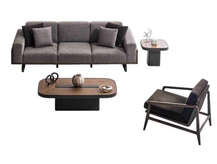 JVmoebel Sofa Graue Sofagarnitur mit braunem Couchtisch und Designer Sessel, 4 Teile