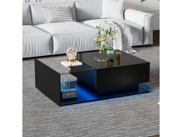 Merax LED Hochglanz-Couchtisch 100x50x32 cm mit Glasplatte, 1 Schublade – Moderner Tisch mit Kratzfestem Design und Bluetooth-Steuerung - Schwarz