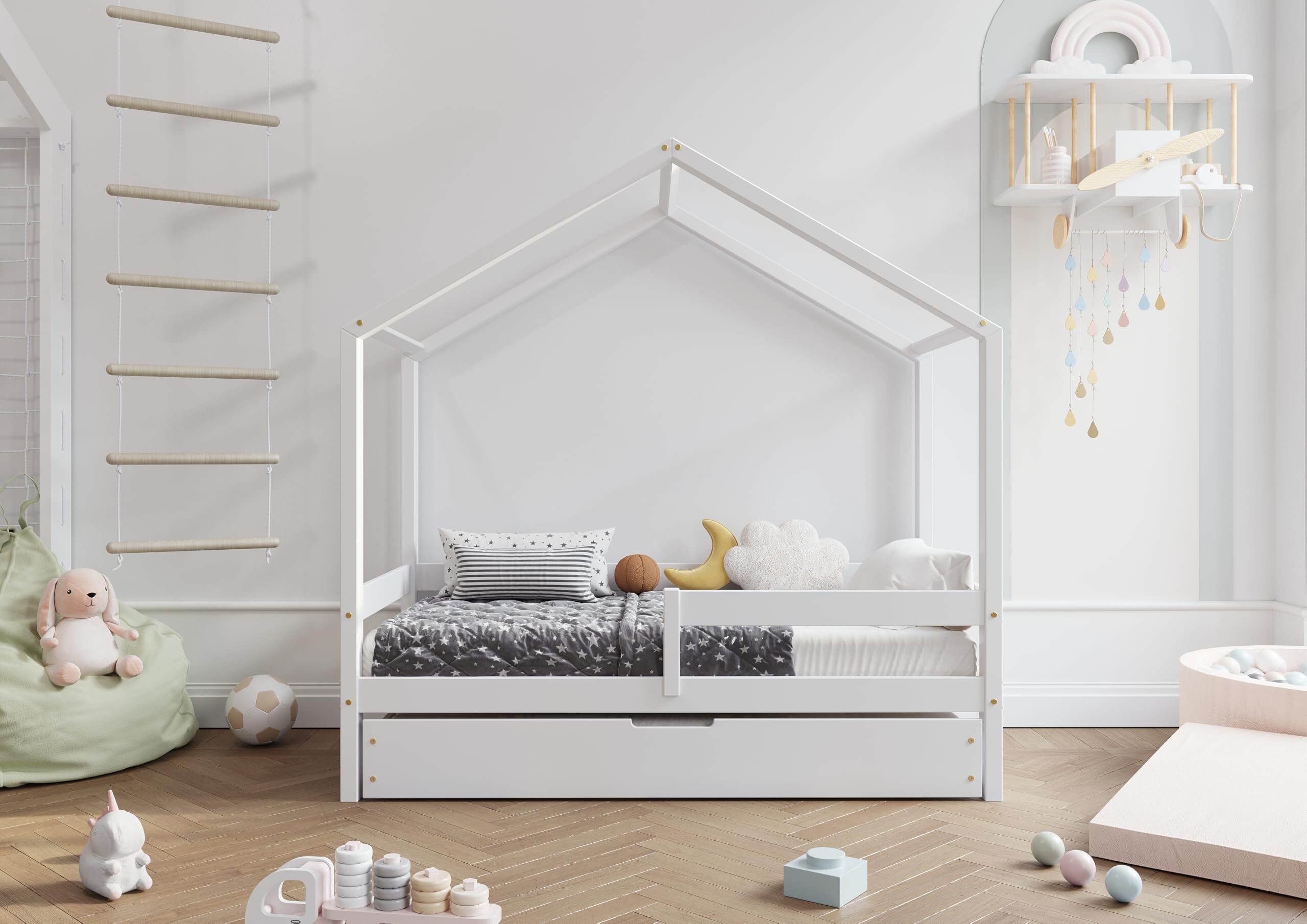 TIMBEE HUFIE Box Hausbett Kinderbett Holz Kinderzimmer Bett - Weiß - 90x180cm