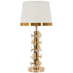 Mauro Ferretti Glamouröse Tischleuchte „Golden Butterfly“ – Goldener Fuß, weißer Lampenschirm und dekorative Schmetterlinge – Ø 35 x 74 cm