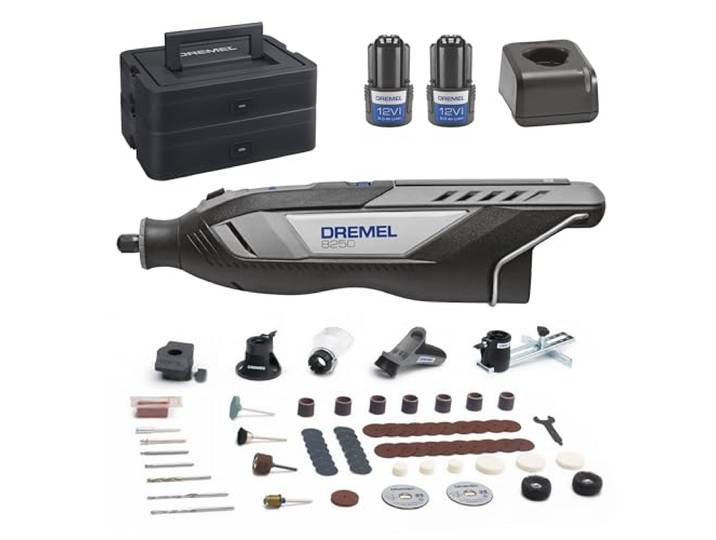 Dremel 8250 12V snoerloos Rotatiegereedschap 5.000-30.000 RPM borstelloze multigereedschapsset met Dremel Box, 65 accessoires, 5 hulpstukken 2 batterijen+oplader voor slijpen, boren, frezen