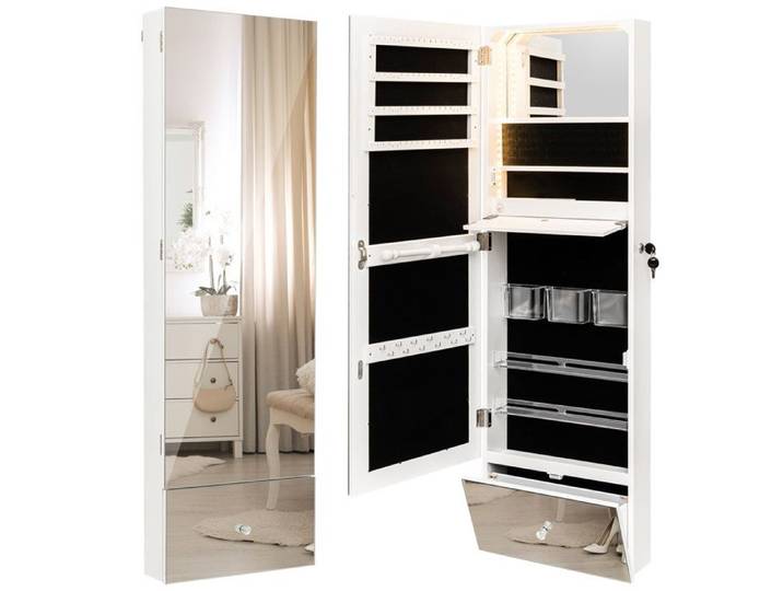 Miroir plein pied sans cadre armoire à bijoux murale avec LED 3 couleurs et rangement maquillage chambre