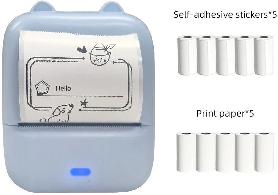 INF Mini imprimante thermique d'étiquettes Bluetooth compatible avec Apple et Android, 5 rouleaux adhésifs et 5 rouleaux Bleu
