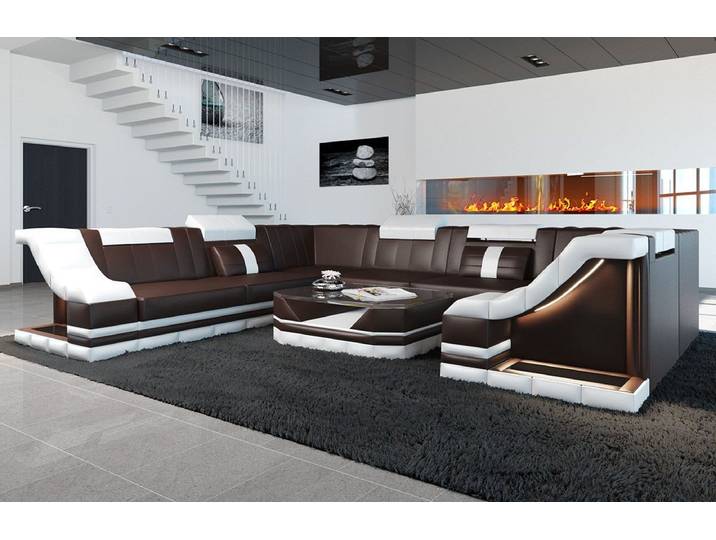 Sofa Dreams Wohnlandschaft Ledersofa Bianchi U Form Mini, Designersofa, Sofa mit Beleuchtung