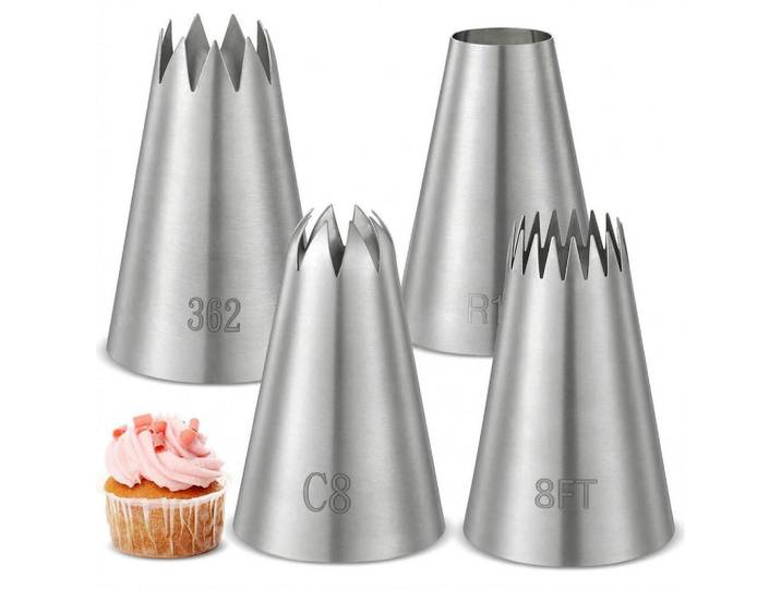 Spritztüllen 4er Set Edelstahl Groß, Silberfarben, Metall, 3.5x3.5x5.4 cm, Backen & Backzubehör, Garnieren & Verzieren
