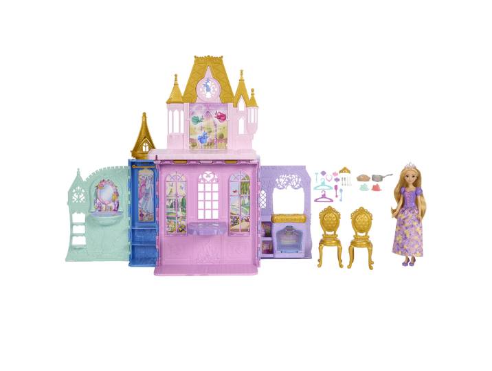 Disney Princess Rapunzel-Modepuppe mit Schloss zum Zusammenklappen und Mitnehmen