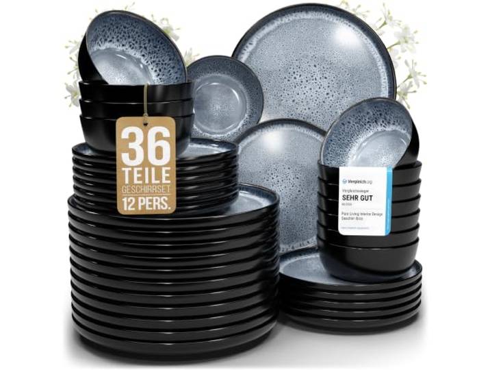 Steingut Geschirrset 12 Personen Ibiza 36 tlg. TESTSIEGER, Traumhaftes Mediterranes Steingut Geschirr Set, Schüssel- und Teller Set, Tafelservice 12 Personen, Geschirrsets Pure Living in Graublau