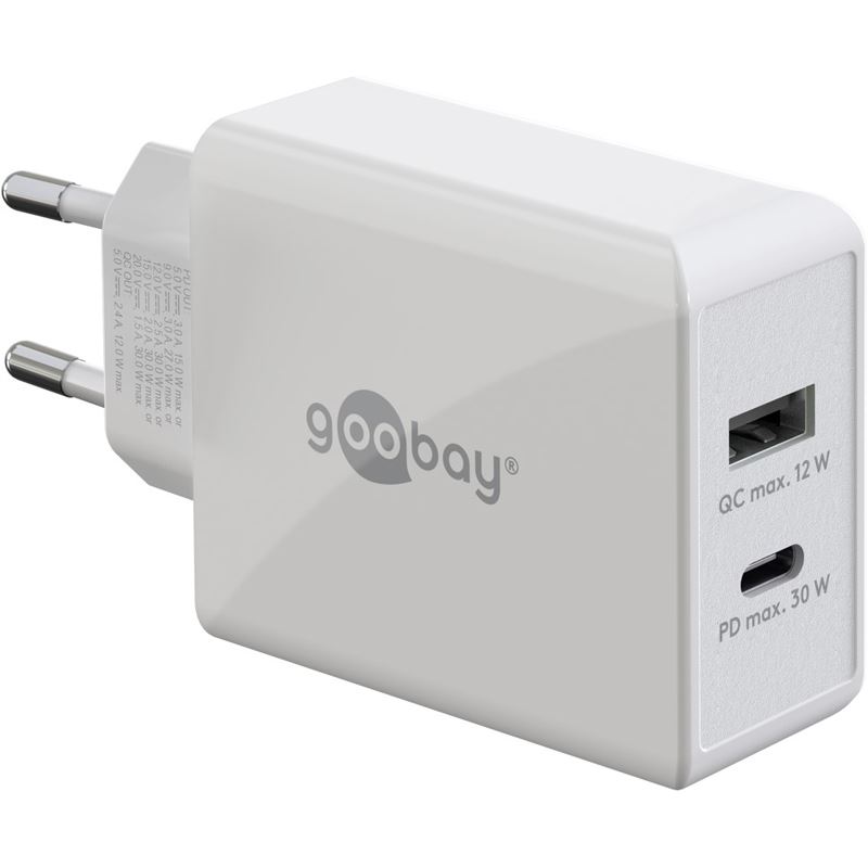 Goobay USB-C PD Dual-Schnellladegerät 30 Watt (weiß, 1x USB-A, 1x USB-C PD)