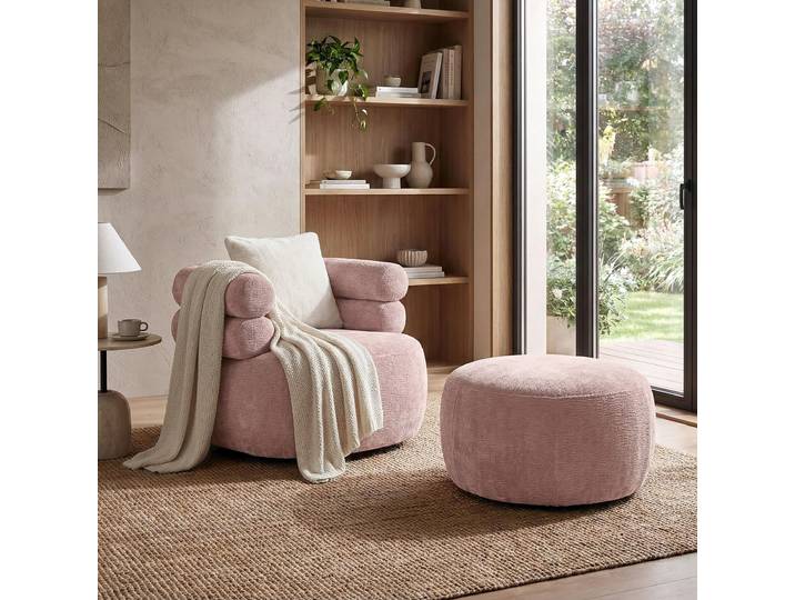 Drehsessel-Set NANO Rosa – Drehsessel 360° mit runder Form mit Hocker, Relaxsessel, Lesesessel, Sitzhocker, Fußhocker und Zierkissen