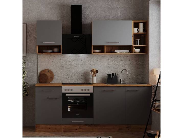 Küchenzeile Hilde I 12-teilig 220 x 205 x 60cm Grau/Grau