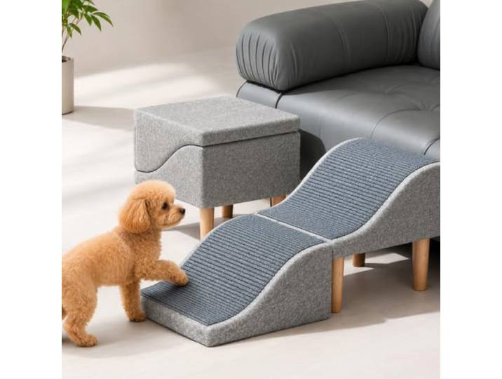 Hunderampe Hundetreppe – Wellenform 2-in-1 Hocker 32° Kurvenprofil, strukturierte Filzfläche, Holzrahmen und Sitzmodus bis 150 kg