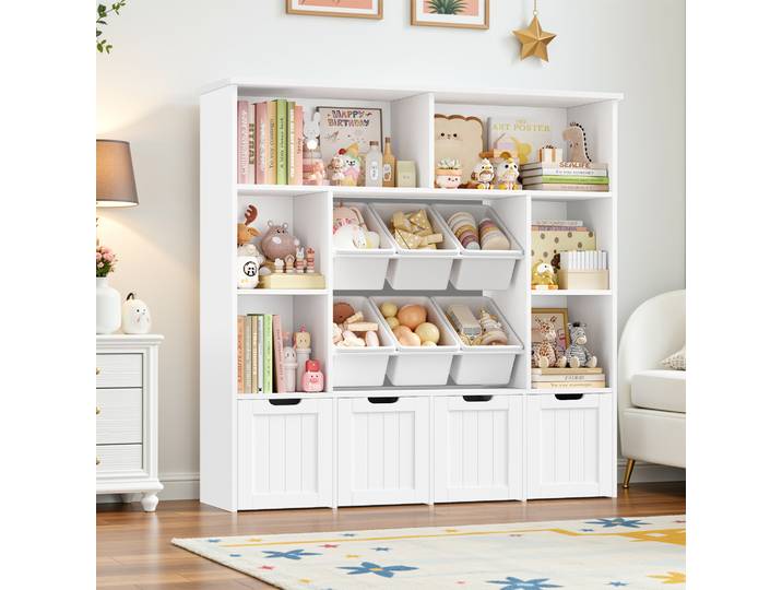 Getone Bibliothèque Enfant Meuble Rangement Enfant avec 8 Étagères 4 Tiroirs Roulants 6 Boîtes Amovibles Rangement Jouet Enfant Armoire Meuble de Rangement 125x33x121.5cm