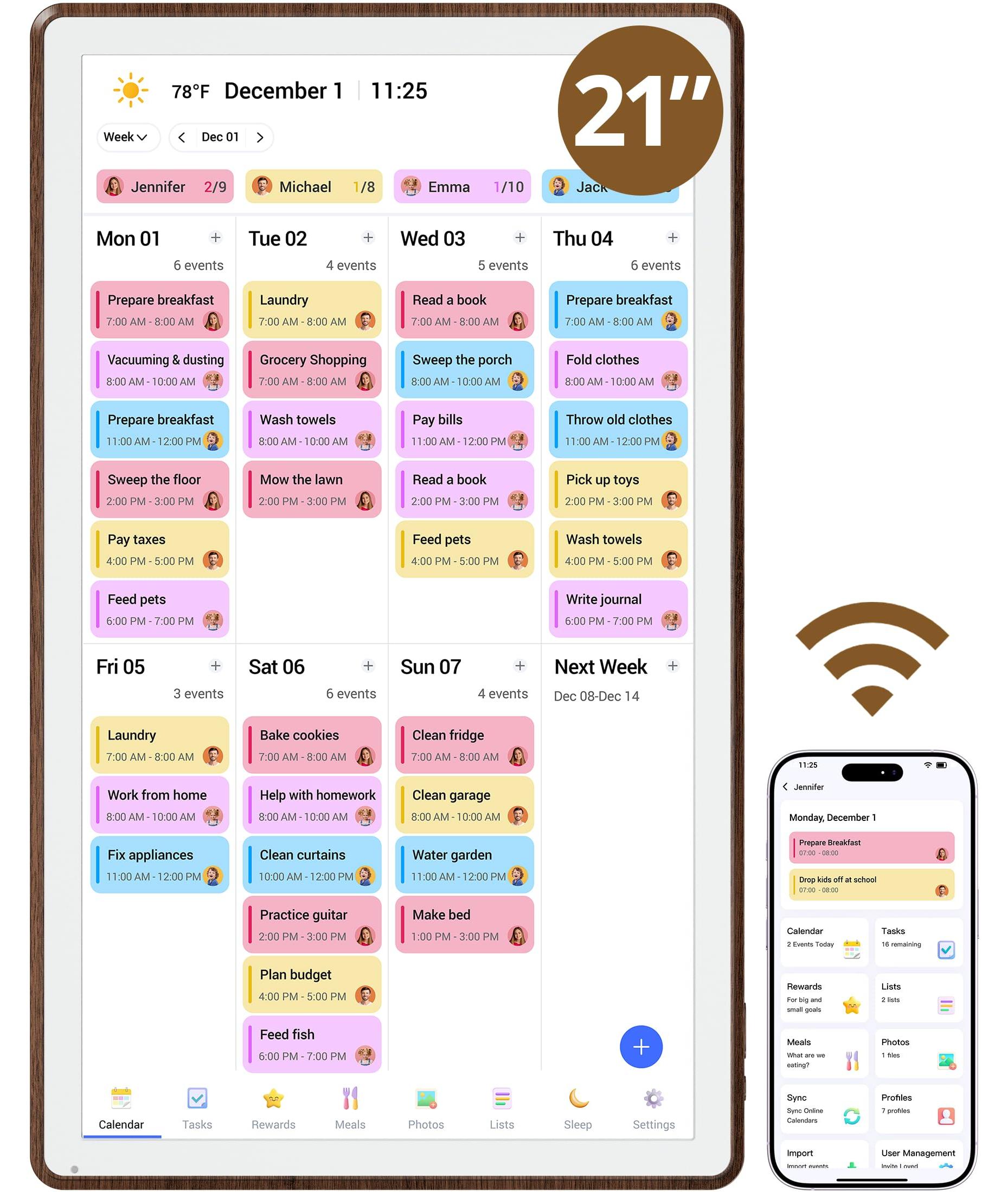 Digitaler Wandkalender für die Familie - 21,5 Zoll - Full HD Touchscreen - Braun