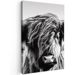 LEINWANDBILD Kuh - Schottischer Hochländer - Schwarz - Weiß - Tier - Natur - Wildtiere Wanddeko Schlafzimmer 60x90 cm
