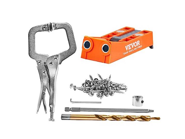 VEVOR Pocket Hole Jig, 56 stuks Mini Jig Pocket Hole System met 9 C-klem, stap boor, sleutel, boorstopring, vierkant aandrijfbit en schroeven, voor doe-het-zelf timmerprojecten