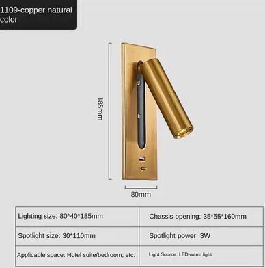 Friendly Fresh Finds Modern LED Wall Reading Light With USB Charging Port For Bedroom Bedside & Living Room 1109 coppery warm Light 3000k