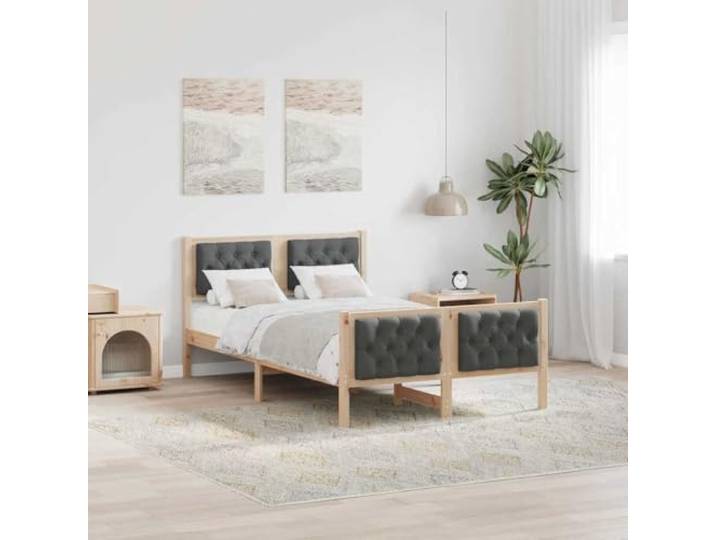 Massives Kiefernholz Gepolstertes Bettgestell Modern 120x190 cm Braun Bettrahmen Dunkelgrau 120x190 cm Massives Kiefernholz Bettgestell mit Polster Kopfteil Lattenrost Stabil