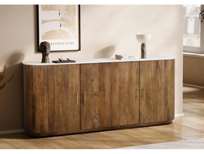 Sideboard 200x80cm 'Valencia'' Mango braun lackiert & Marmor weiss 4 Türen