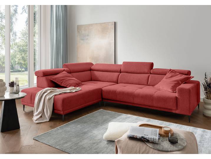 Ecksofa mit Sitztiefenverstellung Rot Webstoff Jimin 304 x 95 x 225cm Ottomane davorstehend links Modern