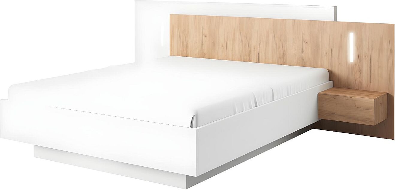 Vente-unique Bett mit integrierten Nachttischen - 160 x 200 cm - 2 Schubladen + LEDs - Weiß & Naturfarben - FRANCOLI