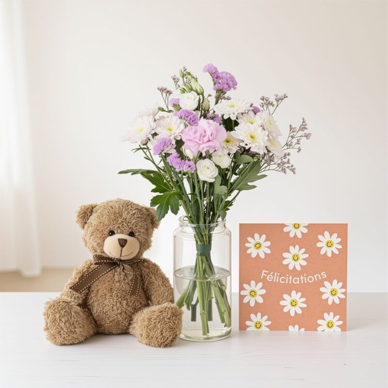 Coffret cadeau naissance : peluche et fleurs séchées - Interflora