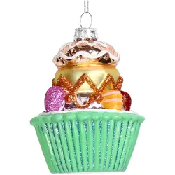 Christbaumschmuck 9,3cm Glas Cupcake Figur Handbemalt & mit Glitzer Weihnachtsbaum Anhänger Weihnachten Weihnachtsbaumschmuck Essen Gebäck Muffin Mint