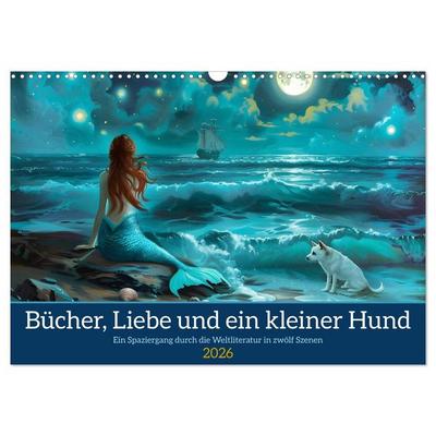 Bücher, Liebe und ein kleiner Hund (Wandkalender 2026 DIN A3 quer), CALVENDO Monatskalender