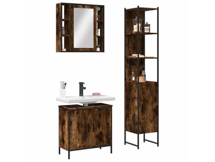 3-tlg. Badmöbel-Set Räuchereiche Holzwerkstoff mit Spiegel und Schrank Pulverbeschichteter Stahl, verstellbare Beine, Glas Spiegel, untere Ablage, Wandhalterung inklusive
