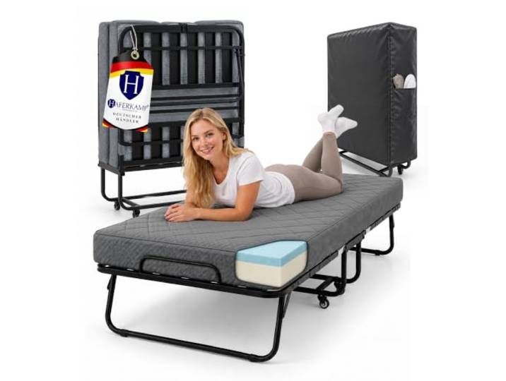 Haferkamp Klappbett RESTO inkl. Premium Matratze Belastbar bis 250kg Faltbar Gästebett 4 Räder TxB 90x200cm Anthrazit Metallbett Transportrollen