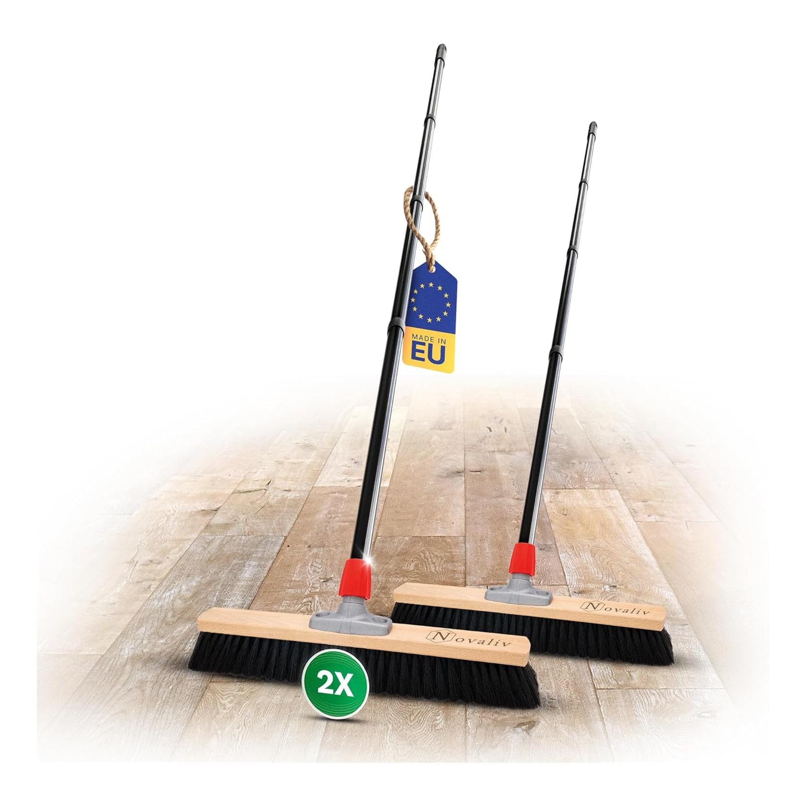 Novaliv 2X Saalbesen 50 cm mit Stiel Borsten Rosshaarbesen Besen fein Ideal als Werkstattbesen mit Stiel Hallenbesen Industriebesen Hausbesen Kehrbesen Zimmerbesen Haarbesen Stubenbesen Besen weich