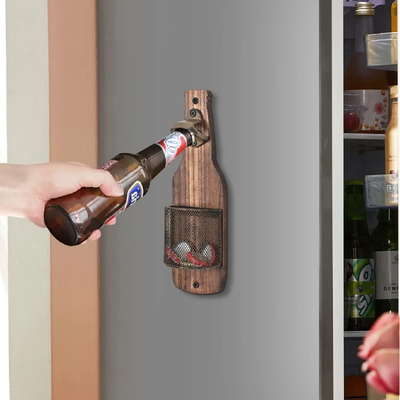 The Handy Homestead Wall Mounted Bottle Opener With Vintage Beer Cap Catcher Basket Wall Mounted Bottle Opener With Vintage Beer Cap Catcher Basket