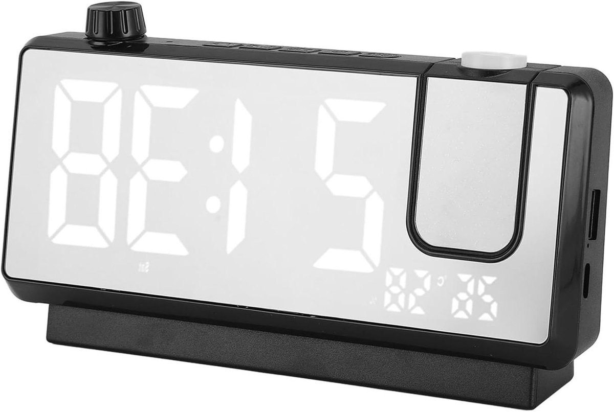Zwarte LED Projectie Klok - Digitale Spiegelklok met 180° Draaibare Projectie - 12 x 5 cm