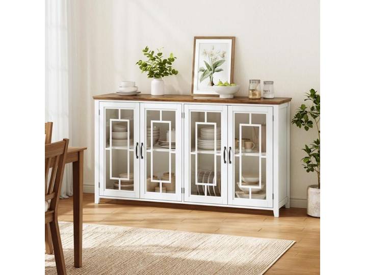 Buffet de cuisine - Moderne - Largeur 160 cm - Portes vitrées - Plan de travail imitation bois