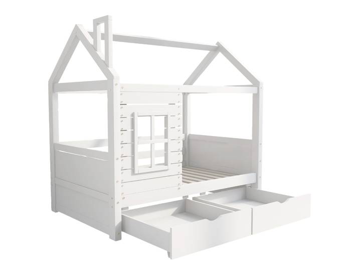 Lit Cabane Enfant 80x160 Avec Barrière\, Bois De Pin Blanc\, Sommier Et Tiroirs