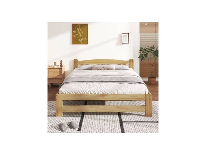 Lit double - MUVOE - Nature - 140x200 cm - Bois massif naturel - Élégance classique